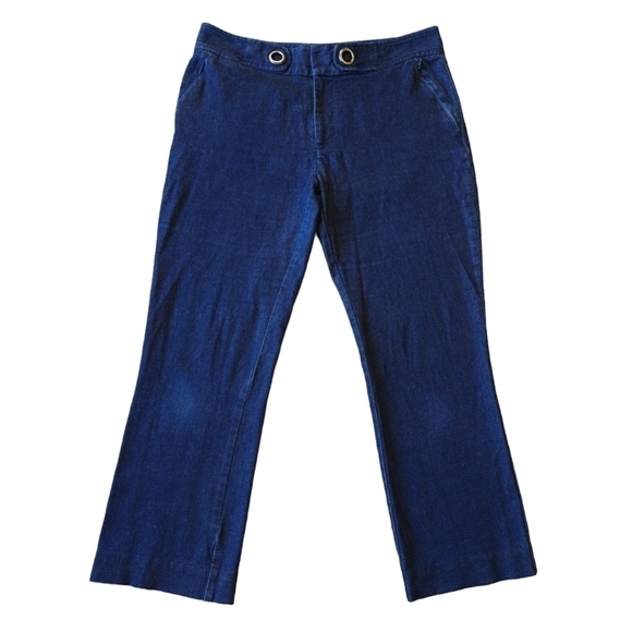 Anthropologie The Essential Crop Flare Dark Wash Mid Rise Jeans Zip Pockets - Picture 1 of 11